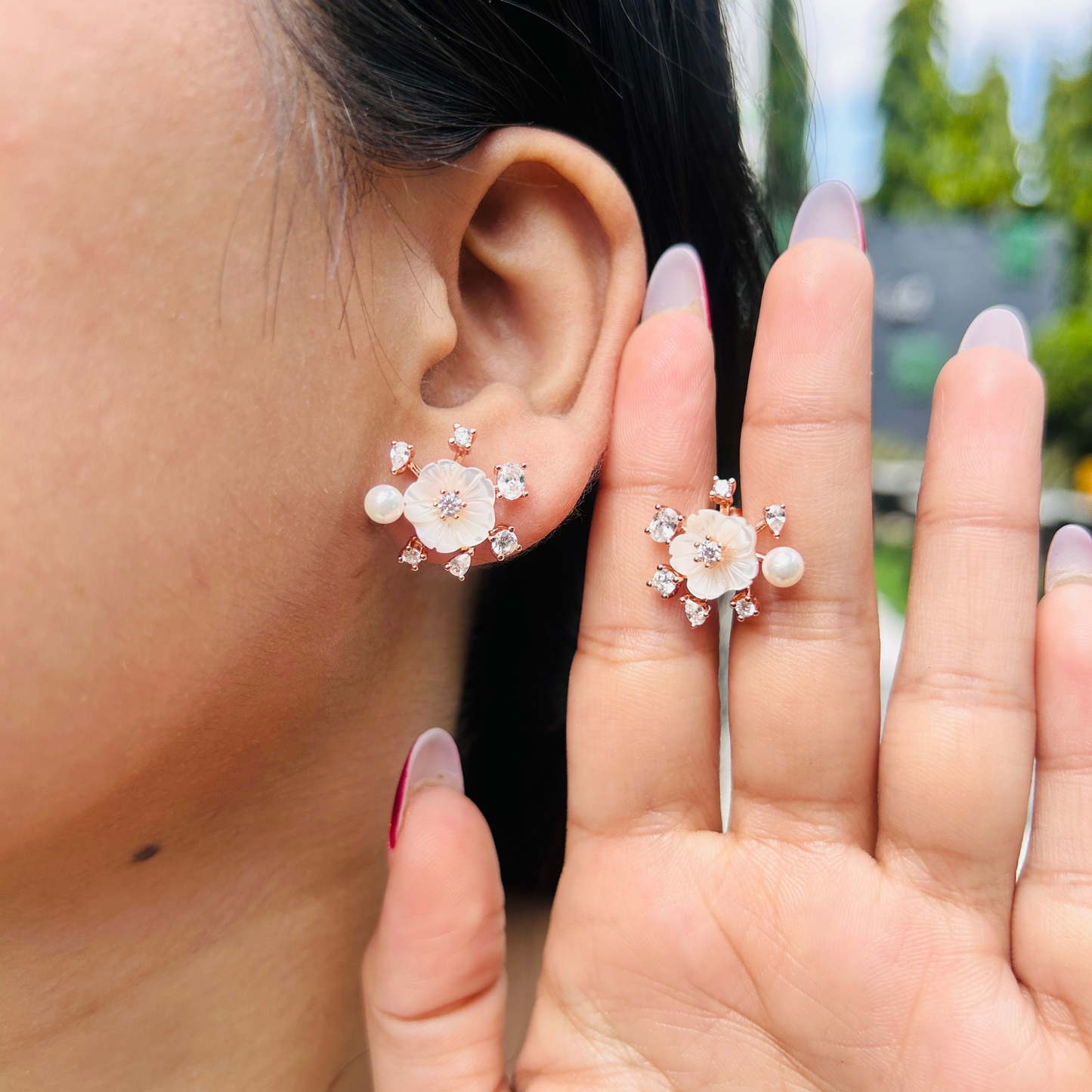 Ariva Silver Rose Gold Floral Pearl Stud Earrings Ariva