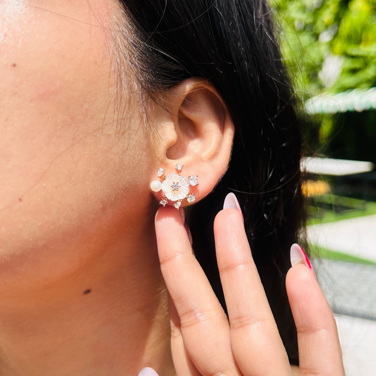 Ariva Silver Rose Gold Floral Pearl Stud Earrings Ariva
