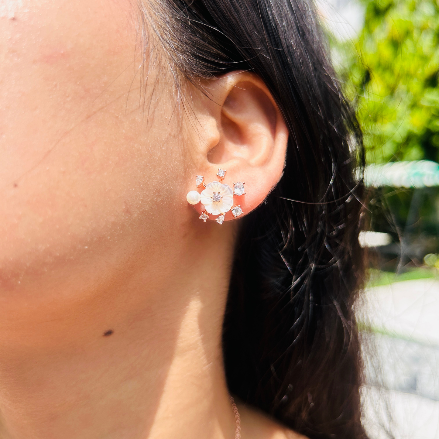 Ariva Silver Rose Gold Floral Pearl Stud Earrings Ariva