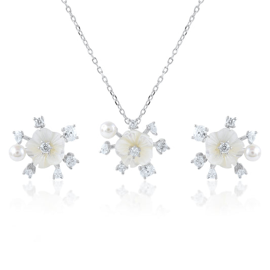 Ariva Silver Floral Pearl Pendant Set Ariva