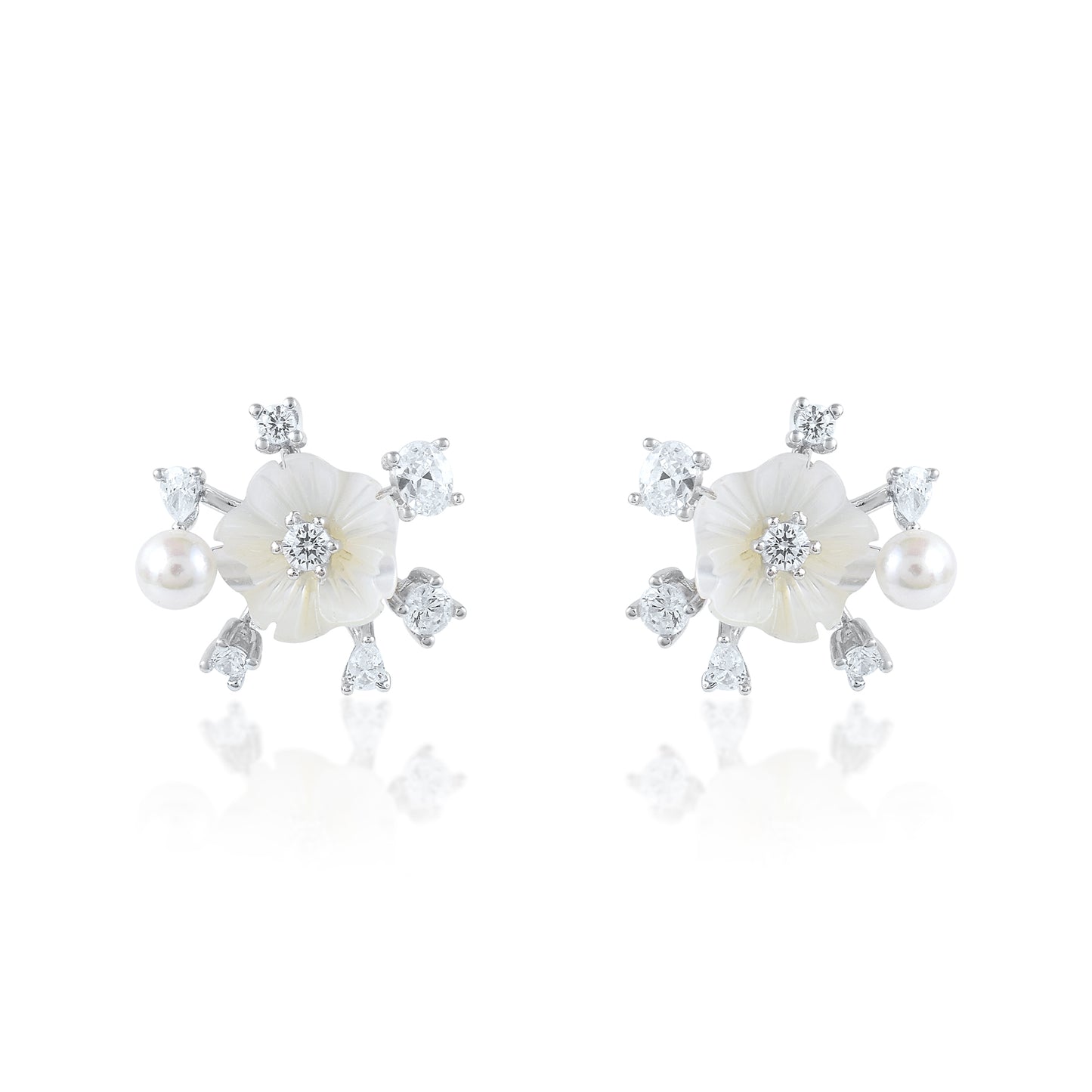 Ariva Silver Floral Pearl Stud Earrings Ariva