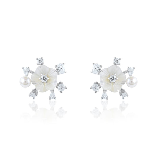 Ariva Silver Floral Pearl Stud Earrings Ariva