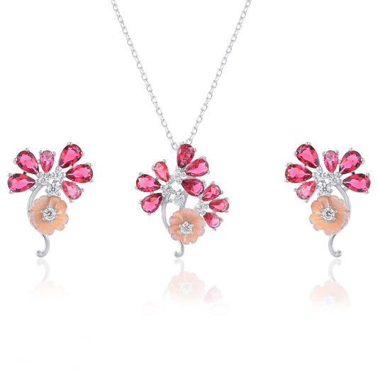 Ariva Silver Pink Blossom Pendant Set Ariva