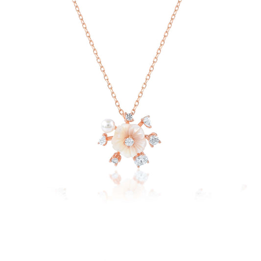 Ariva Silver Rose Gold Floral Pearl Necklace Ariva