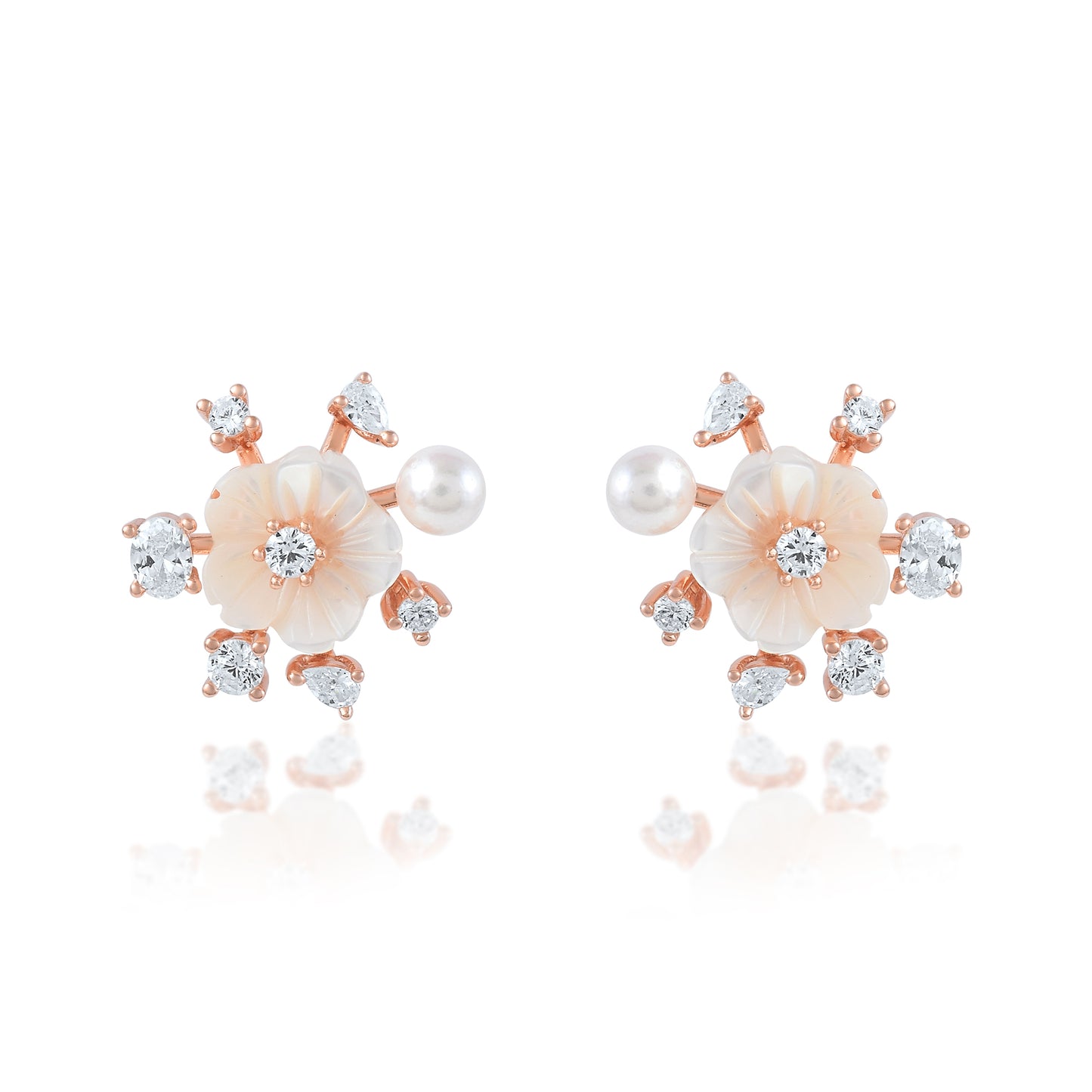 Ariva Silver Rose Gold Floral Pearl Stud Earrings Ariva