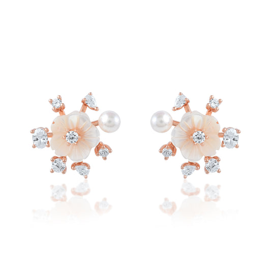 Ariva Silver Rose Gold Floral Pearl Stud Earrings Ariva