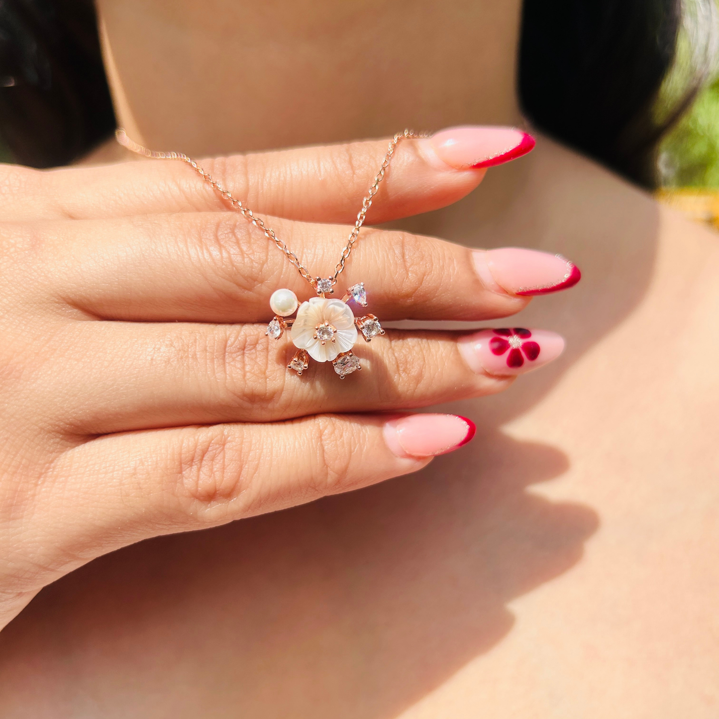 Ariva Silver Rose Gold Floral Pearl Necklace Ariva