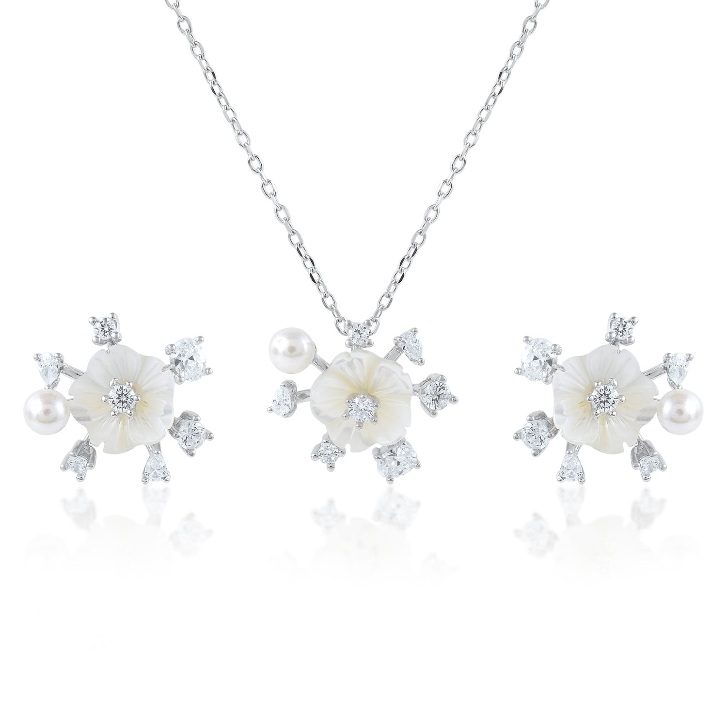 Ariva Silver Floral Pearl Pendant Set Ariva