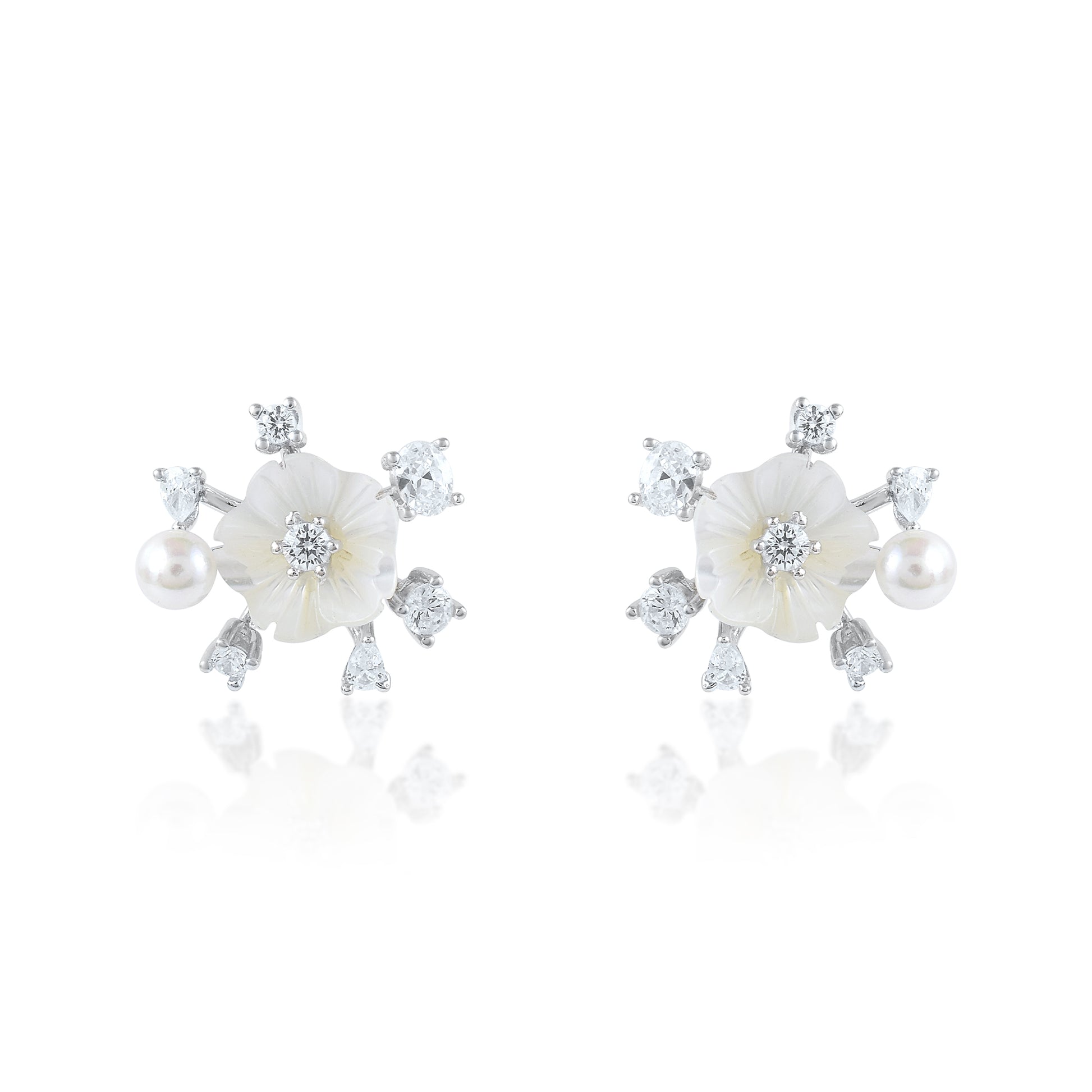 Ariva Silver Floral Pearl Stud Earrings Ariva