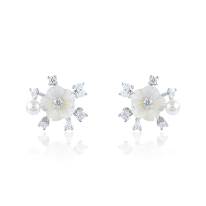 Ariva Silver Floral Pearl Stud Earrings Ariva
