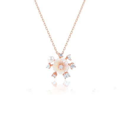 Ariva Silver Rose Gold Floral Pearl Necklace Ariva