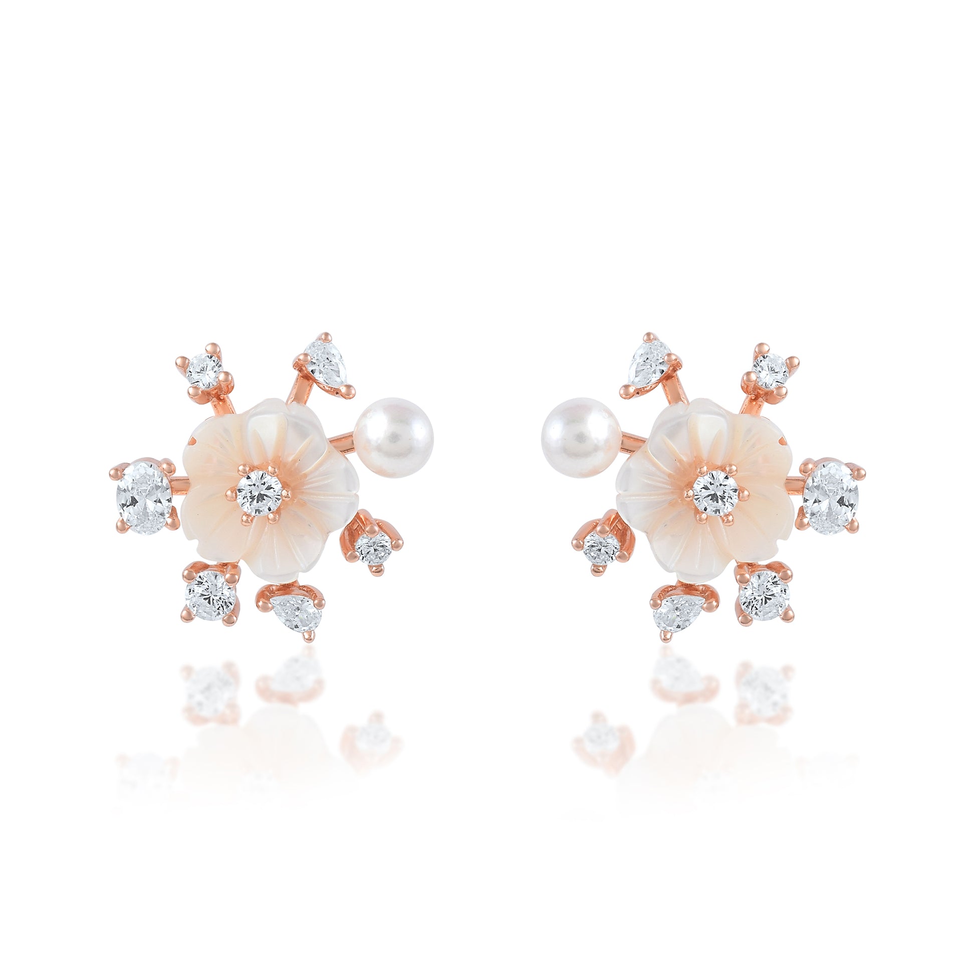 Ariva Silver Rose Gold Floral Pearl Stud Earrings Ariva