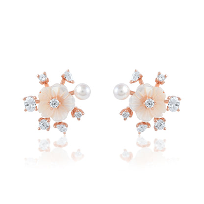 Ariva Silver Rose Gold Floral Pearl Stud Earrings Ariva